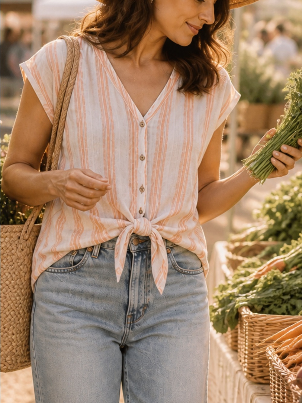 ❤️ 5/$30 Linen Tie Front Top Women’s Peach Stripe Summer Blouse Fit Size M - L